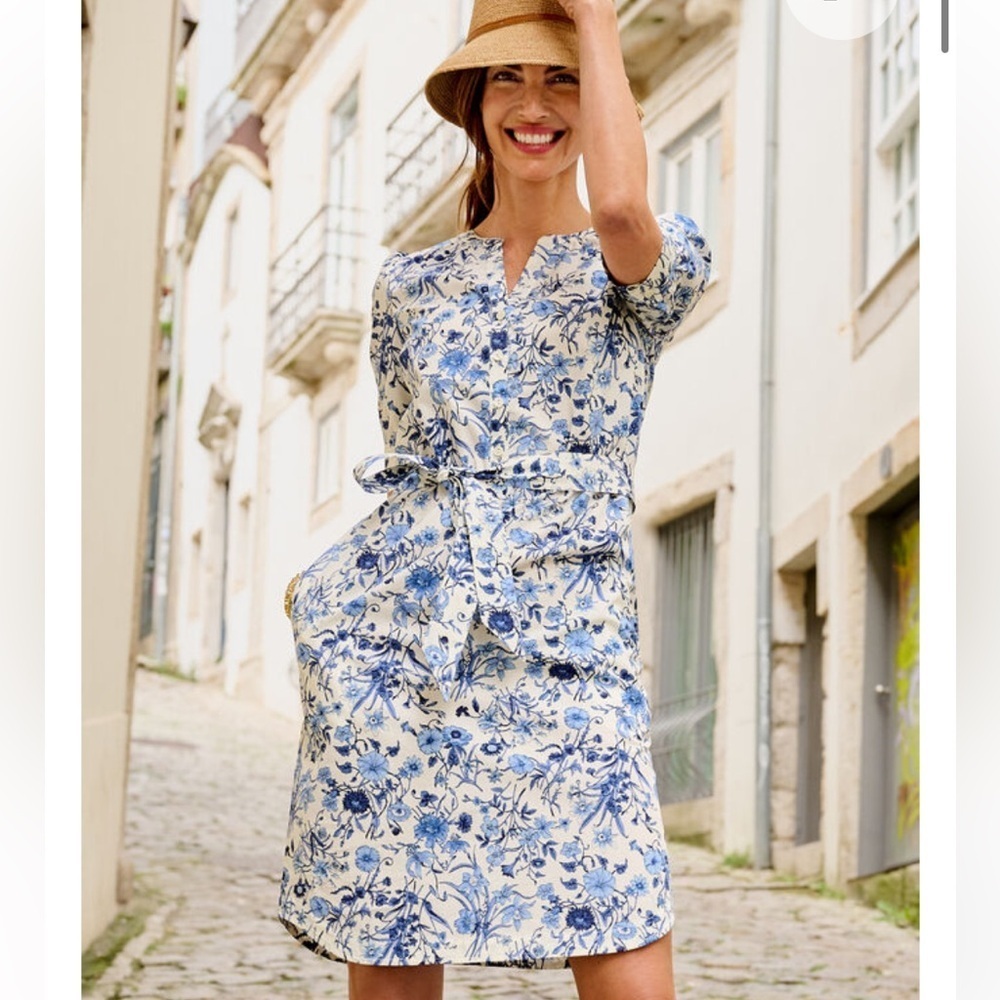 TALBOTS COTTON POPOVER SHIRTDRESS BLUE WHITE WHIMSICAL GARDEN SIZE XL NWT